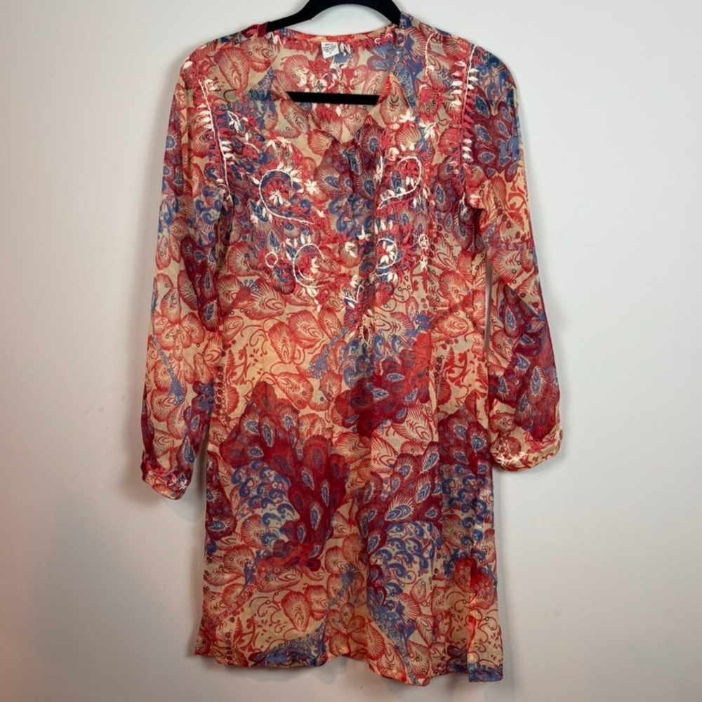 Raj Pink Embroidered 100% Silk Lightweight Sheer Boho Tunic Top Womens SM Hippie